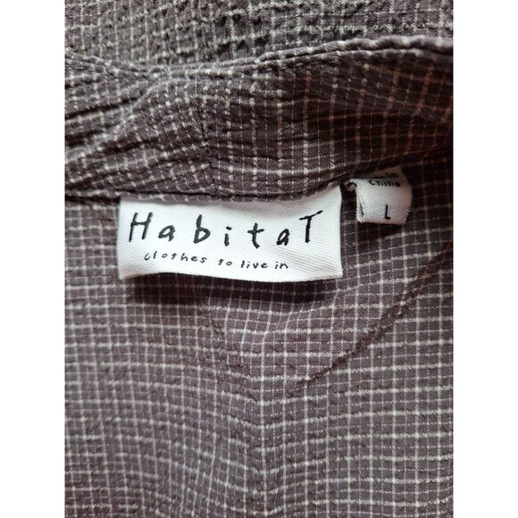 Habitat Womens Plaid Blouse Large Button Front Brown/White 3/4 Sleeves Lagenlook - Picture 3 of 7